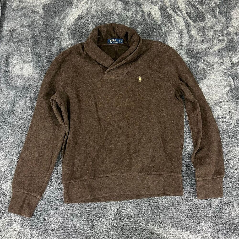 Polo Ralph Lauren Brown Shawl Neck Sweater Faux Suede Elbow Patch size Medium